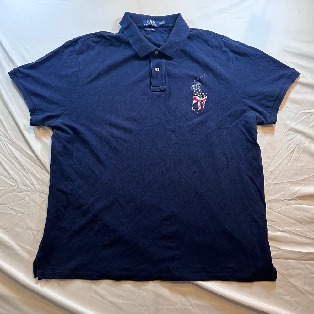 Polo Ralph Lauren Mens XXL Navy Big Pony USA Flag Custom Slim Fit Polo Shirt